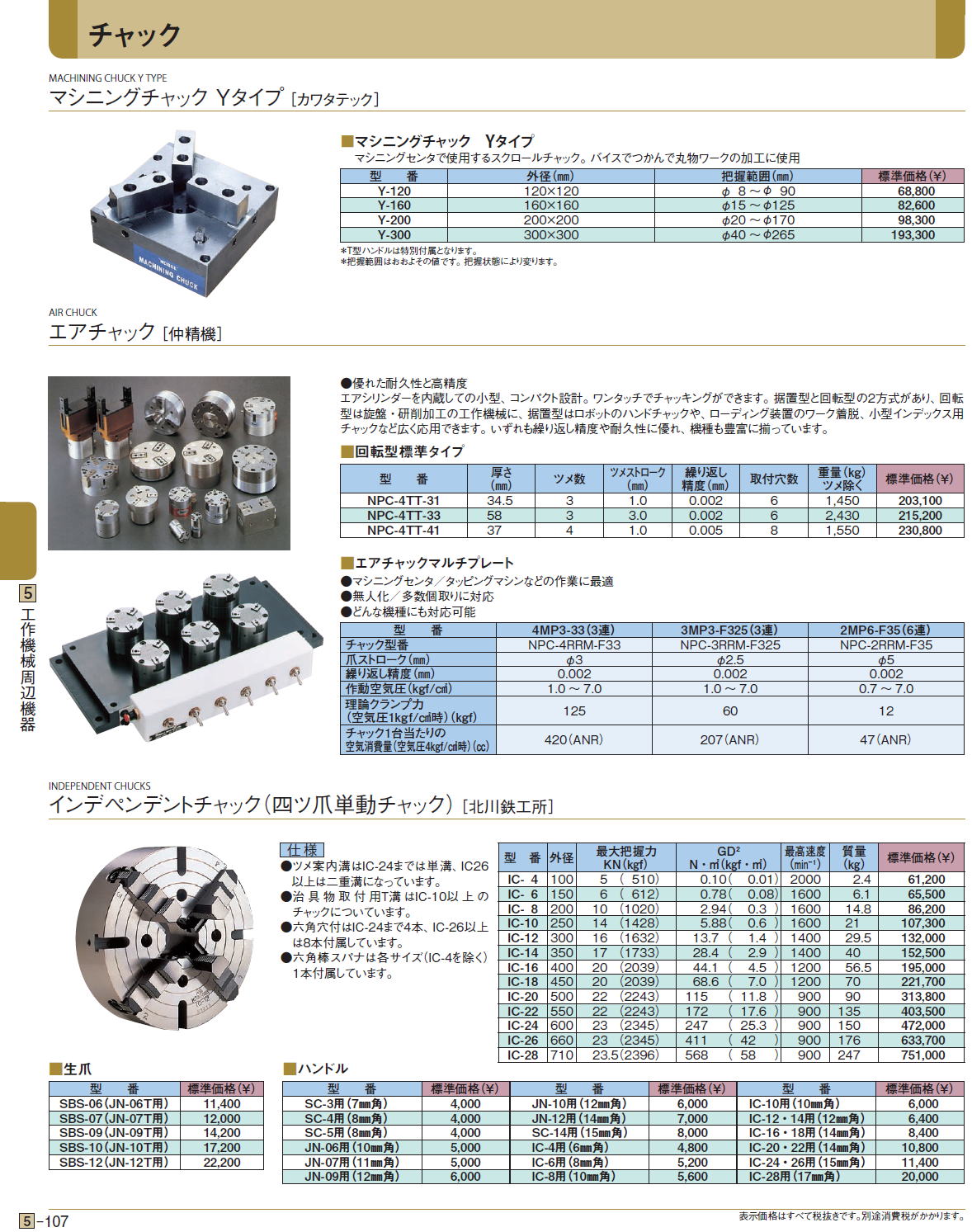 チャック　マシニングチャック Yタイプ ［カワタテック］/エアチャック［ 仲精機］/インデペンデントチャック（四ツ爪単動チャック）［ 北川鉄工所］