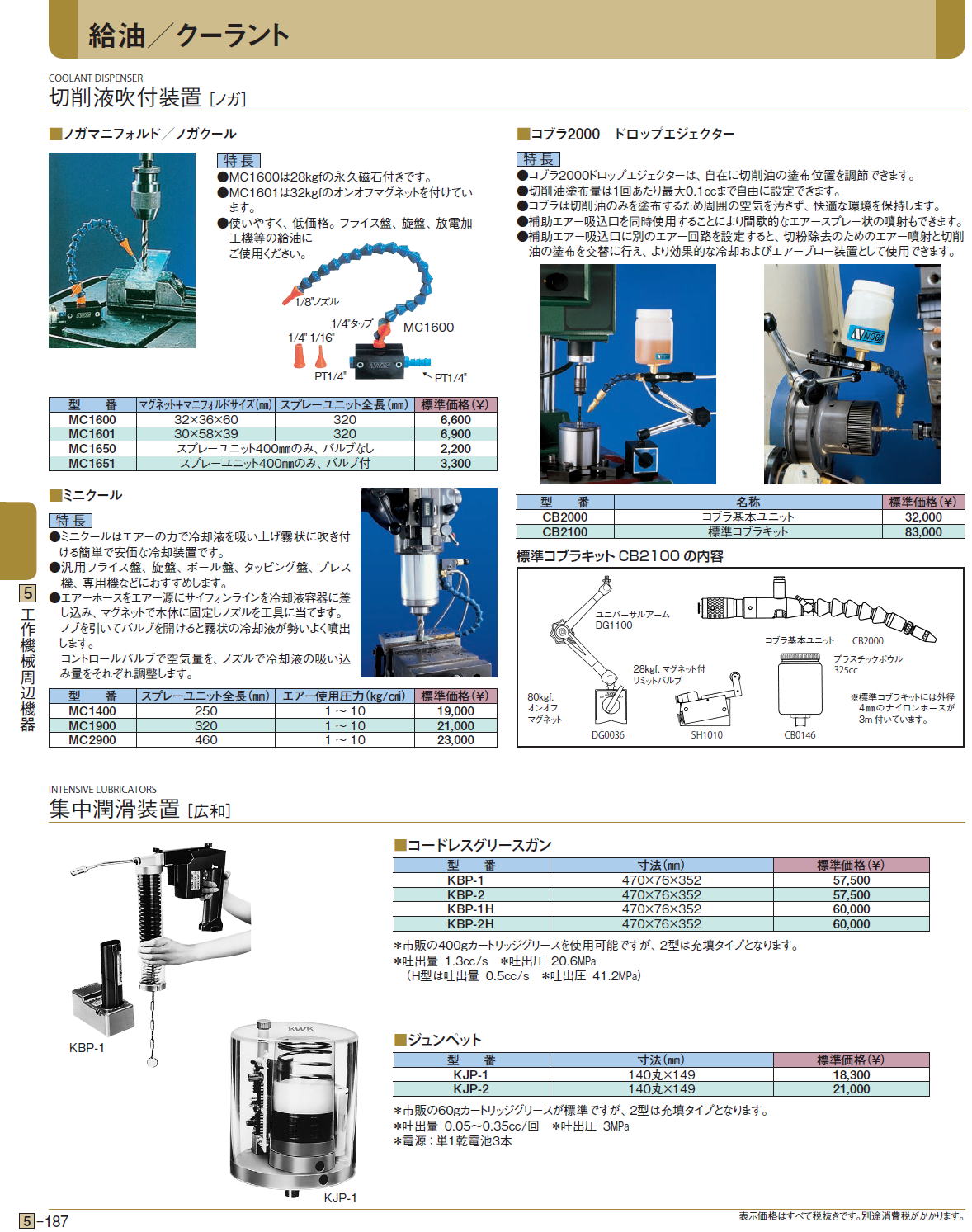 切削液吹付装置 ［ノガ］/ノガマニフォルド／ノガクール/コブラ2000　ドロップエジェクター/ミニクール/集中潤滑装置［広和］コードレスグリースガン/ジュンペット