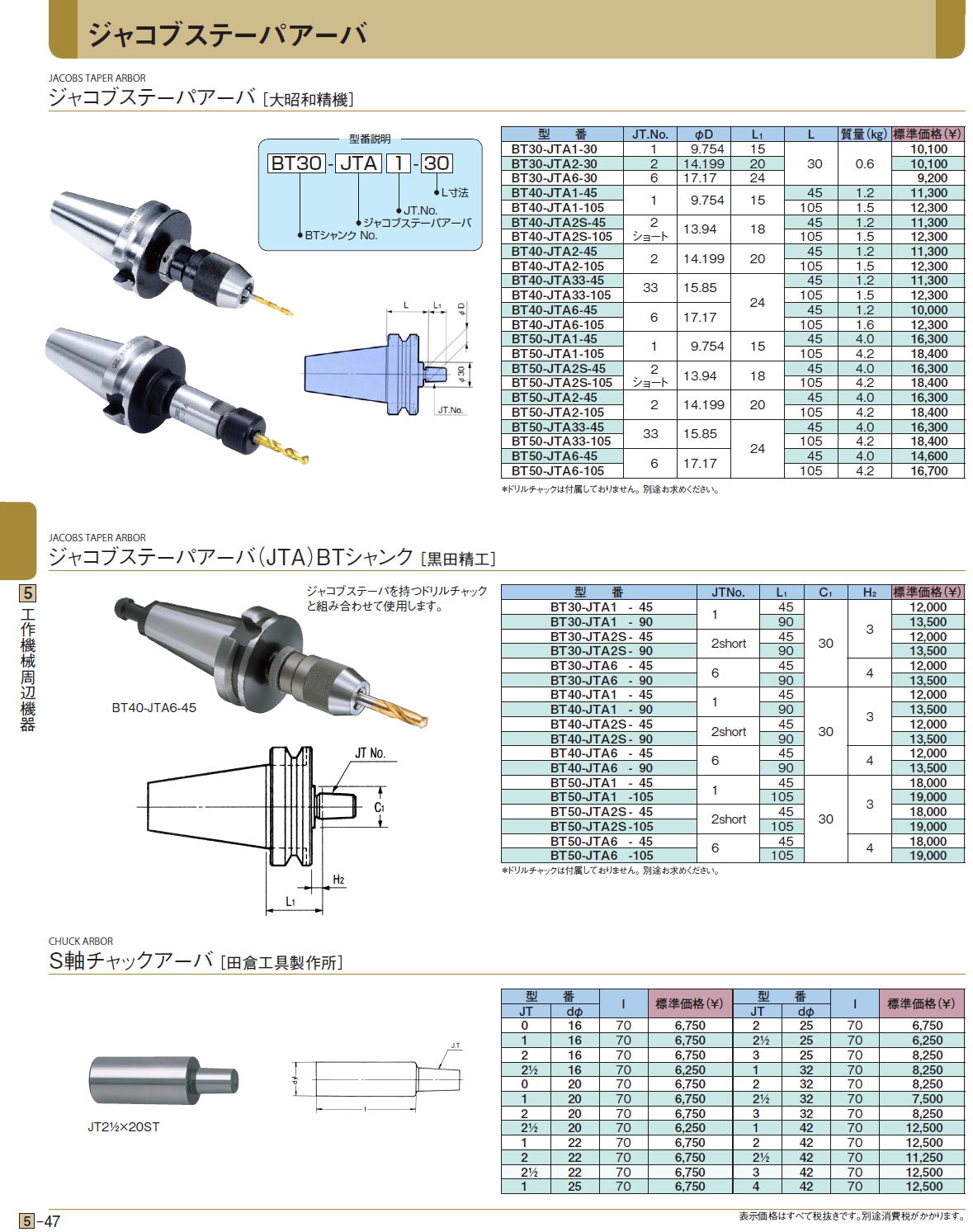 ジャコブステーパアーバ［ 大昭和精機］ / ジャコブステーパアーバ（JTA）BTシャンク［ 黒田精工］ / S軸チャックアーバ［ 田倉工具製作所］