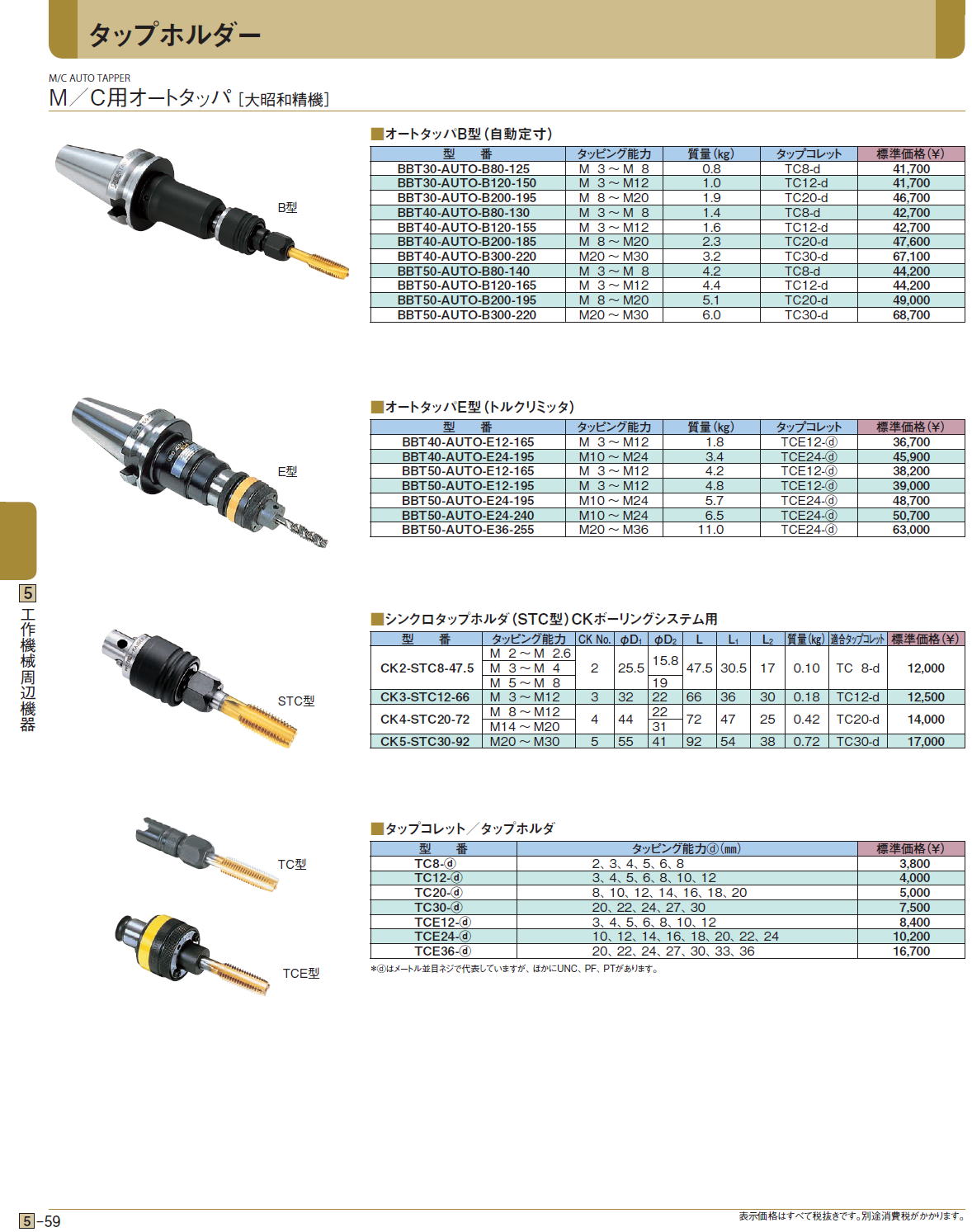 M／C用オートタッパ［ 大昭和精機］■オートタッパB型（自動定寸）■オートタッパE型（トルクリミッタ）■シンクロタップホルダ（STC型）CKボーリングシステム用■タップコレット／タップホルダ