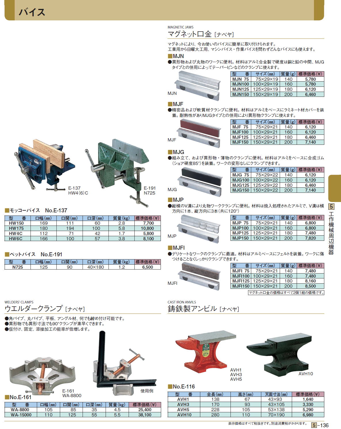 横バイス ［ナベヤ］ / マグネット口金 ［ナベヤ］ / テーブルバイス　No.E-251 / モッコーバイス　No.E-137 / ペットバイス　No.E-191 / ウエルダークランプ ［ナベヤ］ /鋳鉄製アンビル ［ナベヤ］