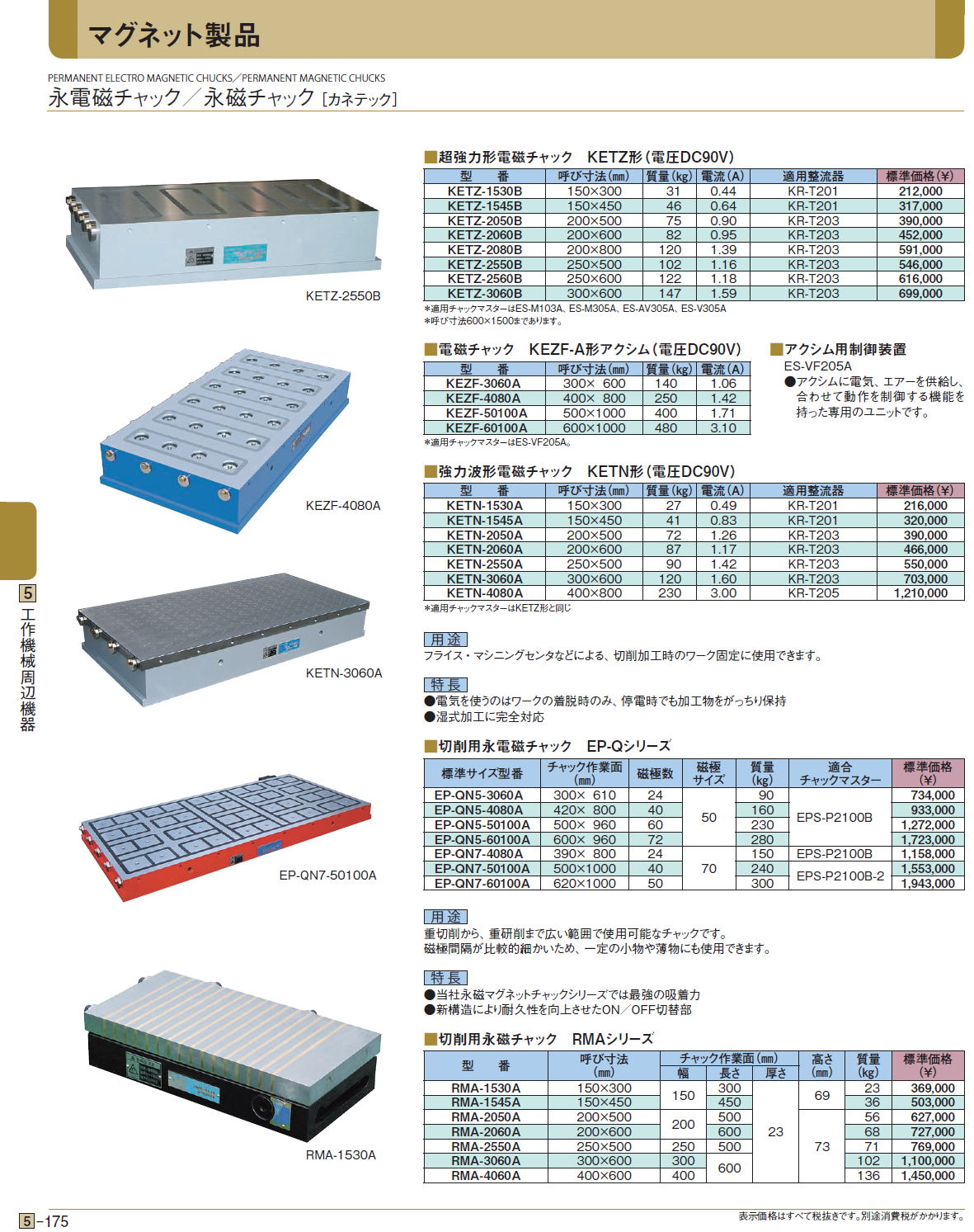 永電磁チャック／永磁チャック/超強力形電磁チャック　KETZ形（電圧DC90V）/電磁チャック　KEZF-A形アクシム（電圧DC90V）/強力波形電磁チャック　KETN形（電圧DC90V）/切削用永電磁チャック　EP-Qシリーズ/切削用永磁チャック　RMAシリーズ