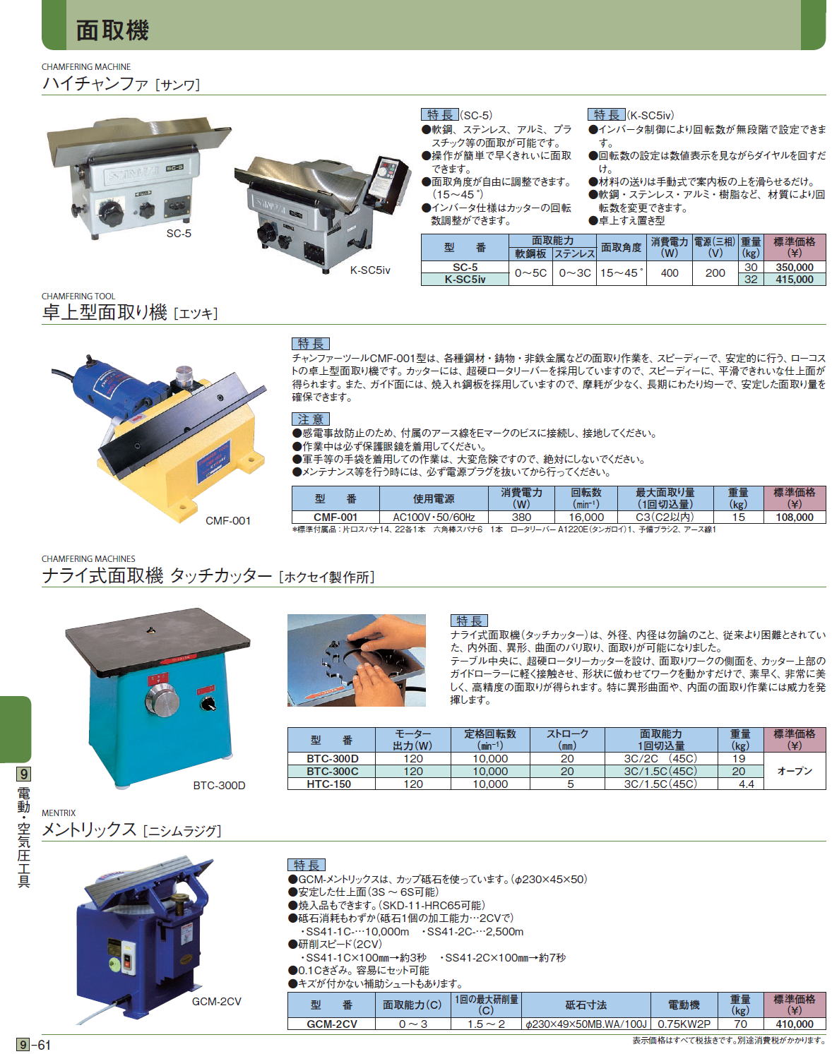 面取機  ハイチャンファ ［サンワ］ / 卓上型面取り機 ［エツキ］ / ナライ式面取機 タッチカッター［ ホクセイ製作所］ / メントリックス ［ニシムラジグ］