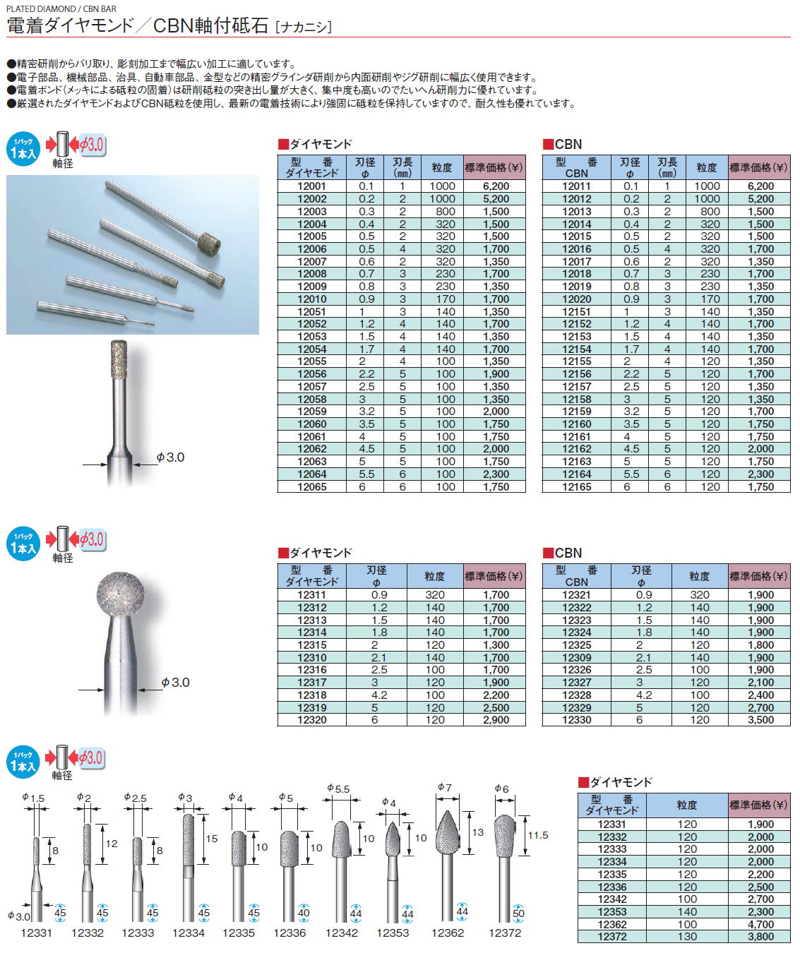 電着ダイヤモンド／CBN軸付砥石 ［ナカニシ］●精密研削からバリ取り、彫刻加工まで幅広い加工に適しています。●電子部品、機械部品、治具、自動車部品、金型などの精密グラインダ研削から内面研削やジグ研削に幅広く使用できます。●電着ボンド（メッキによる砥粒の固着）は研削砥粒の突き出し量が大きく、集中度も高いのでたいへん研削力に優れています。●厳選されたダイヤモンドおよびCBN砥粒を使用し、最新の電着技術により強固に砥粒を保持していますので、耐久性も優れています。