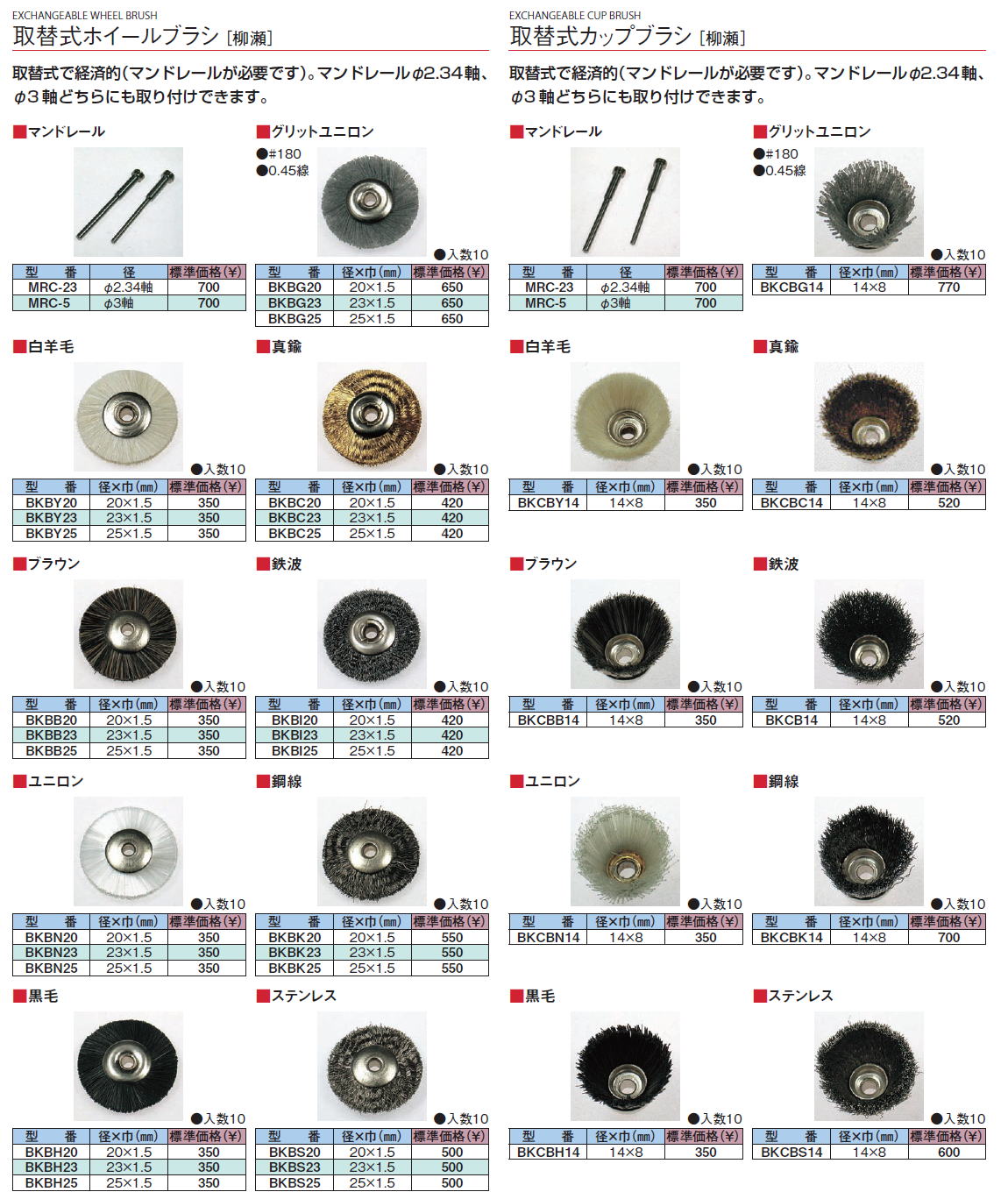 取替式ホイールブラシ［ 柳瀬］ EXCHANGEABLE WHEEL BRUSH / 取替式カップブラシ［ 柳瀬］EXCHANGEABLE CUP BRUSH