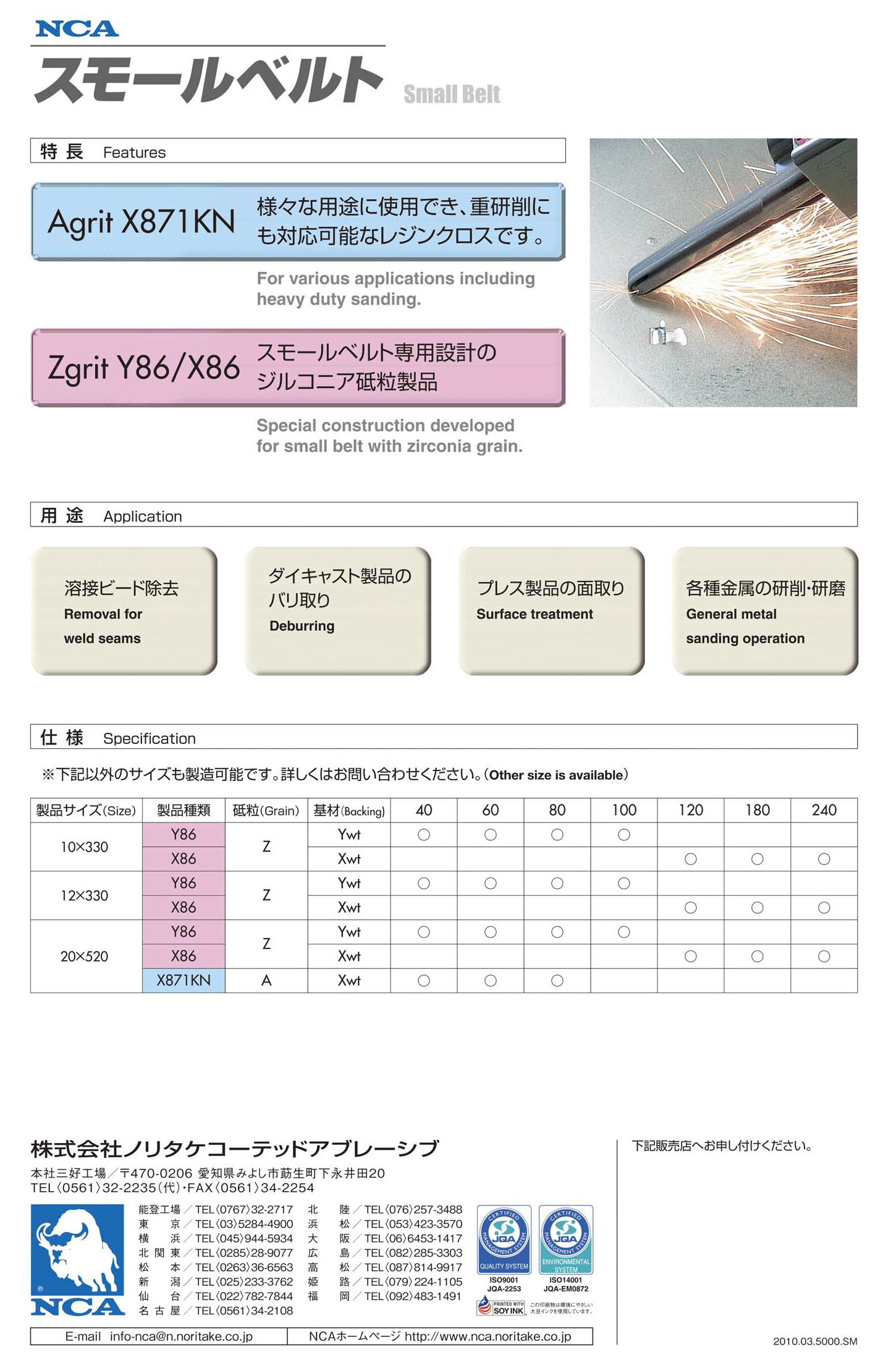 ・スモールベルト　Small Belt 電動ベルトサンダー、エアーベルトサンダーに最適な研磨ベルト。 重研削から仕上げ研磨までご要望にお応えします。Agrit X871KN　様々な用途に使用でき、重研削にも対応可能なレジンクロスです。Zgrit Y86 / X86　スモールベルト専用設計のジルコニア砥粒製品。