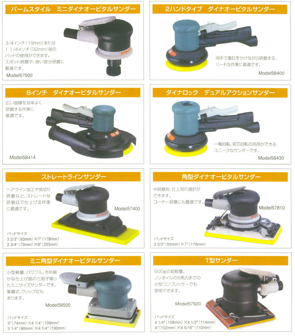パームスタイル　ミニダイナオービタルサンダー　Model 57500 2ハンドタイプ　ダイナオービタルサンダー　Model 58400　8インチ　ダイナオービタルサンダー　 Model 58414　ダイナロック　デュアルアクションサンダー Model 58430 ストレートラインサンダー　Model 57400 パッドサイズ3 2/3ンチ（93㎜） x 7インチ（178㎜）　ストレートラインサンダー　Model 57400 パッドサイズ2 3/4ンチ（70㎜） x 8インチ（203㎜）　角型ダイナオービタルサンダー　Model 57810パッドサイズ3 2/3ンチ（93㎜） x 7インチ（178㎜） ミニ角型ダイナオービタルサンダー　Model 58500　パッドサイズ3インチ（74㎜） x 4 1/4インチ（109㎜） 角型ダイナオービタルサンダー　Model 58500　パッドサイズ3 1/4インチ（80㎜） x 41/4インチ（130㎜）Ｔ型サンダー　Model 57920　パッドサイズ4 1/4インチ（108㎜） x 4 1/2インチ（114㎜）　T型サンダー　Model 57920　パッドサイズ4インチ（102㎜） x 4　5/16インチ（110㎜）