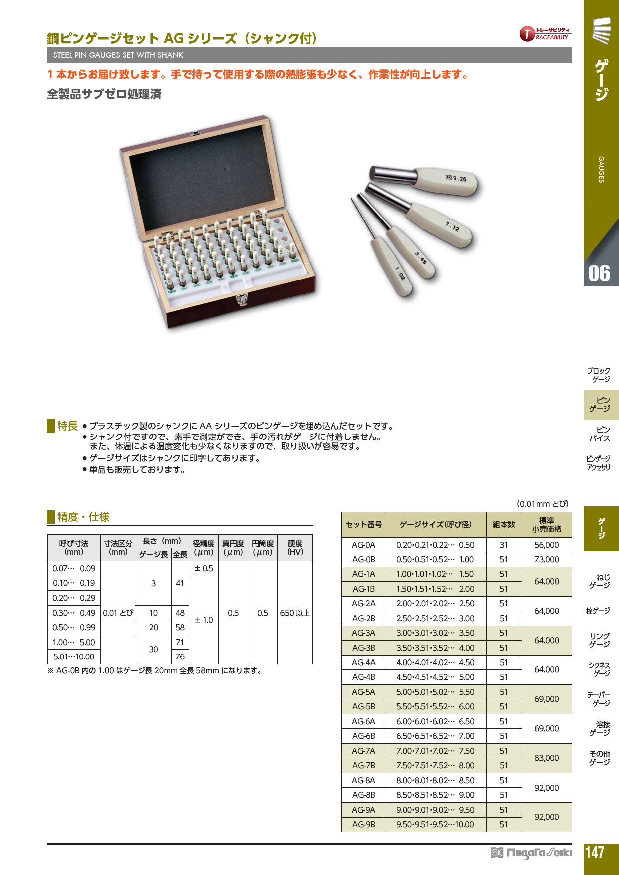 新潟精機株式会社　鋼ピンゲージセット AG シリーズ（シャンク付）　STEEL PIN GAUGES SET WITH SHANK