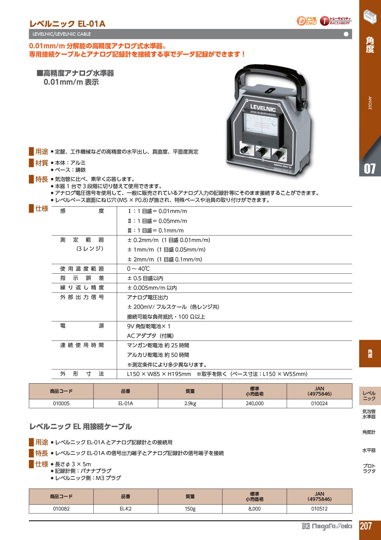 新潟精機株式会社　レベルニック EL-01A　LEVELNIC　/　レベルニックEL 用接続ケーブル　LEVELNIC　CABLE