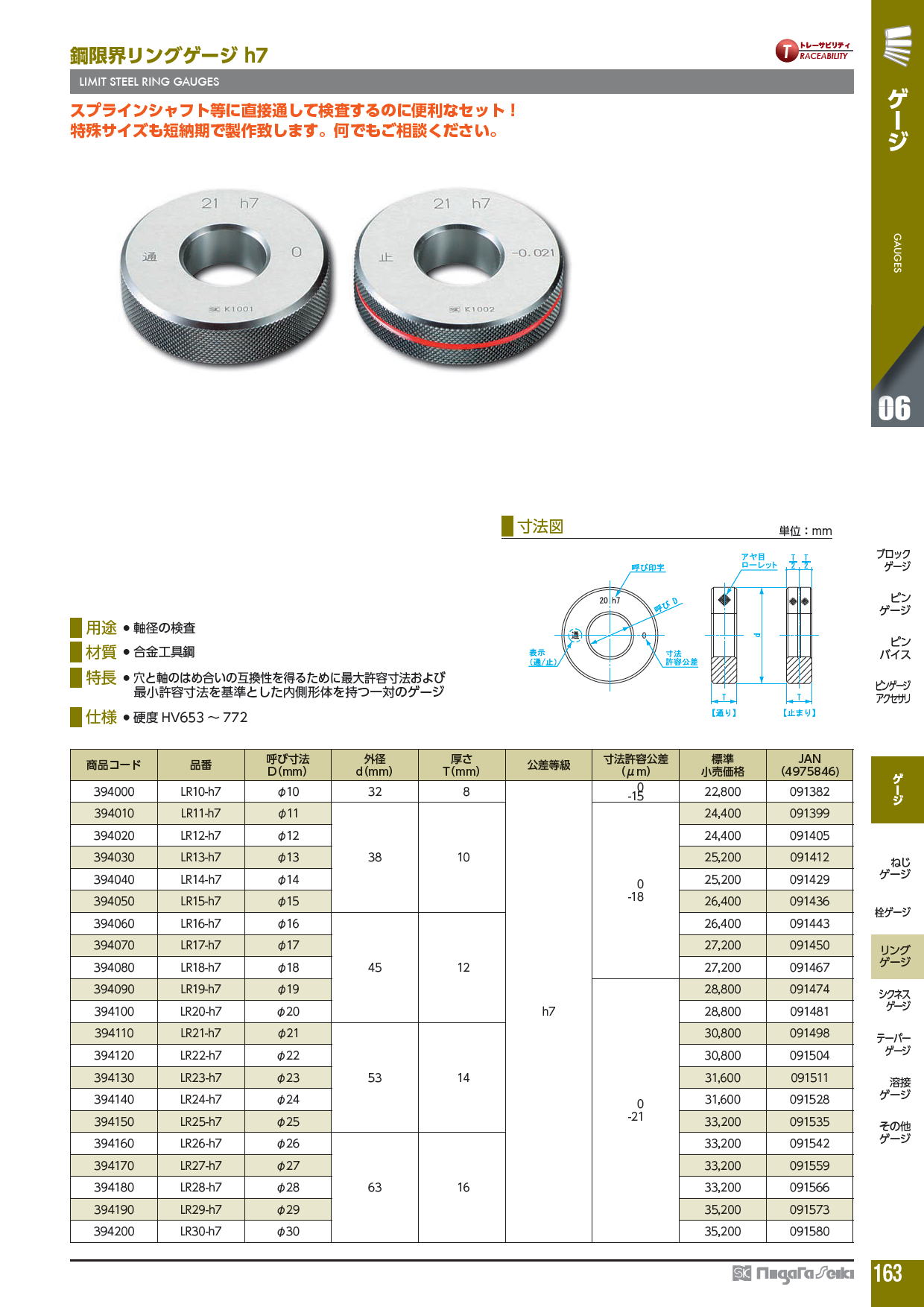 新潟精機株式会社　鋼限界リングゲージ h7　LIMIT STEEL RING GAUGES