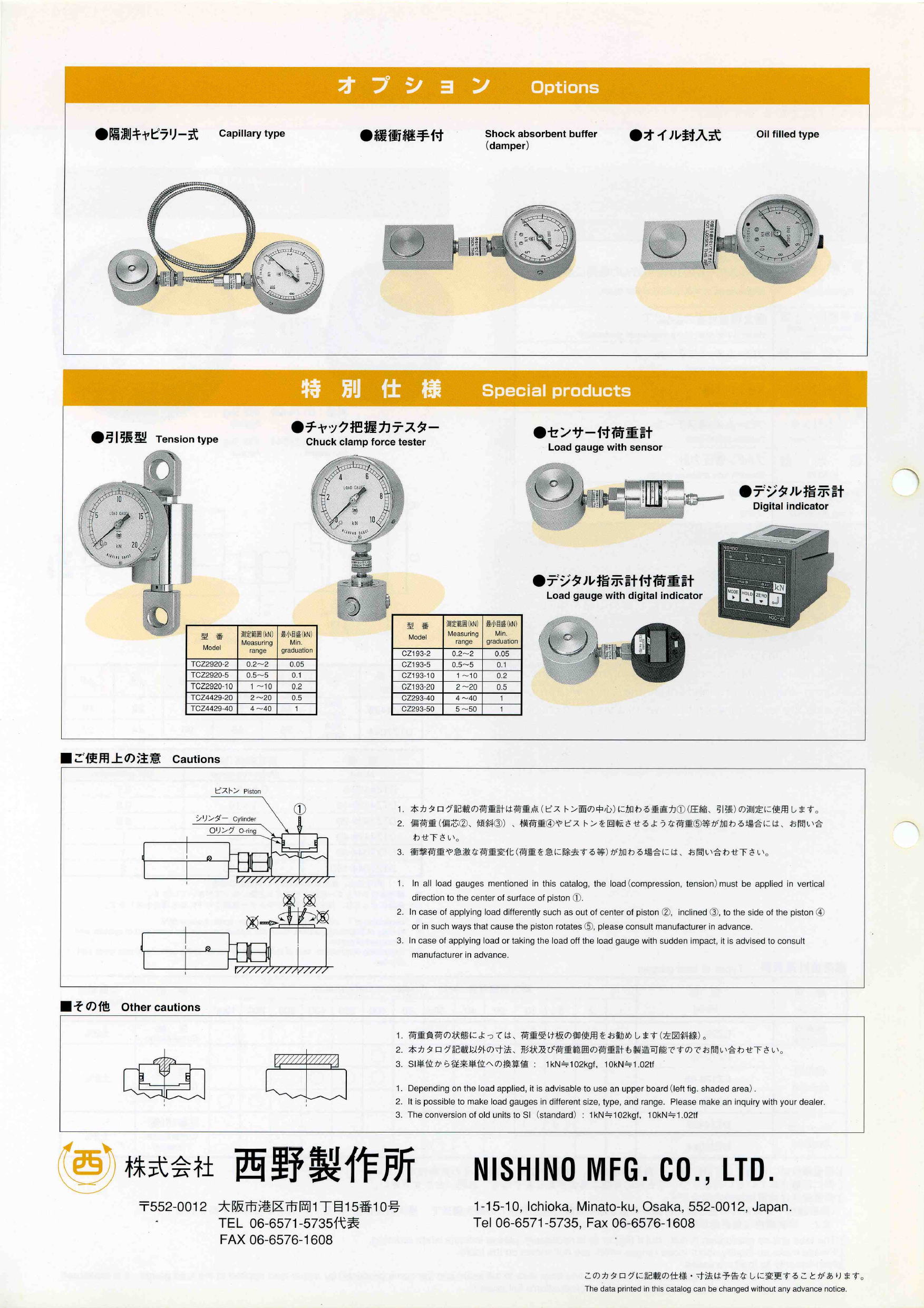 株式会社西野製作所　荷重計　シリンダー方式　　Load meter cylinder method　小型携帯型（ケース付き）/　標準型　Small portable type (with case) / standard type　ドーナツ型　Donut type　3