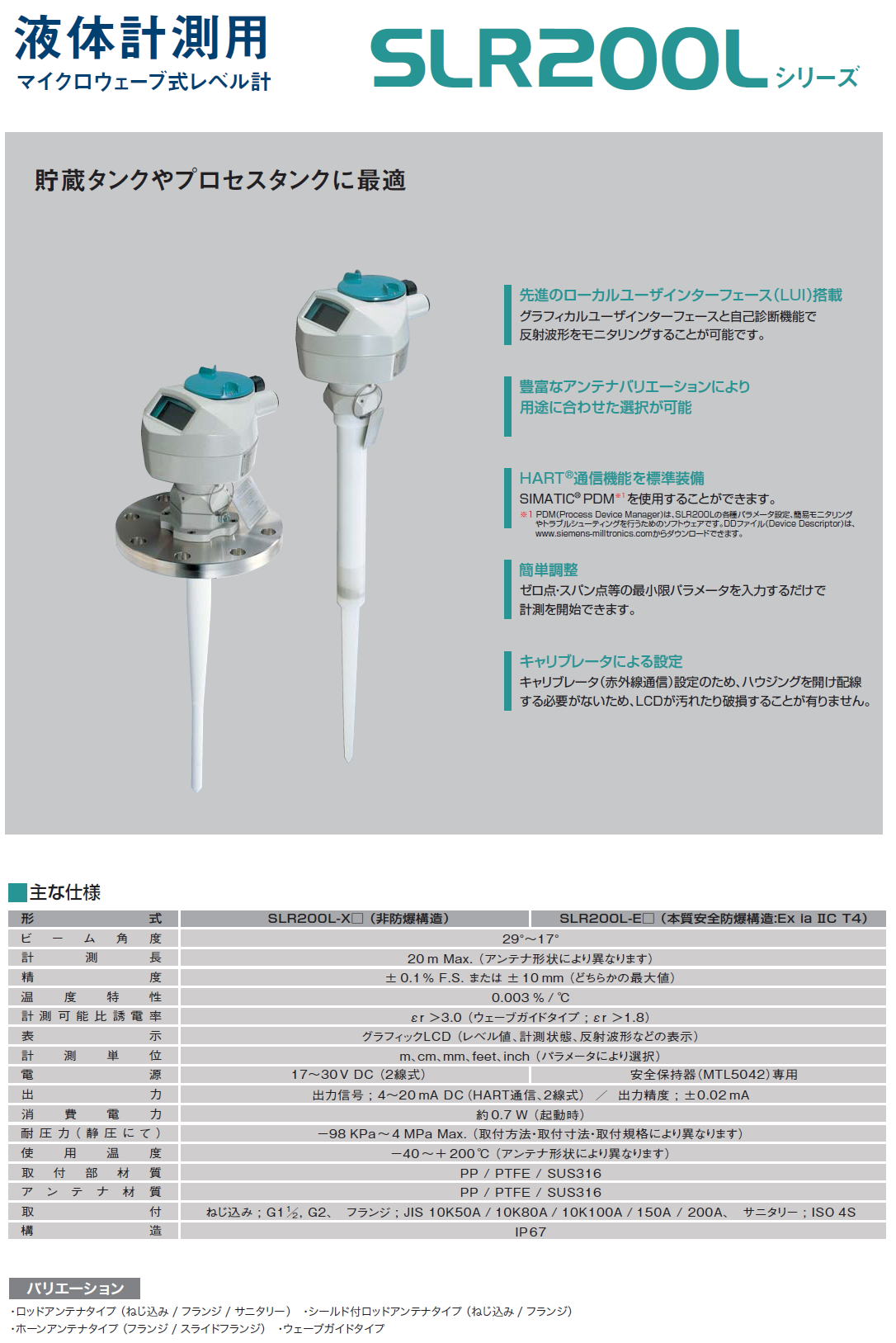 株式会社ノーケン　液体計測用SLR200L　マイクロウェーブ式レベル計シリーズ　貯蔵タンクやプロセスタンクに最適