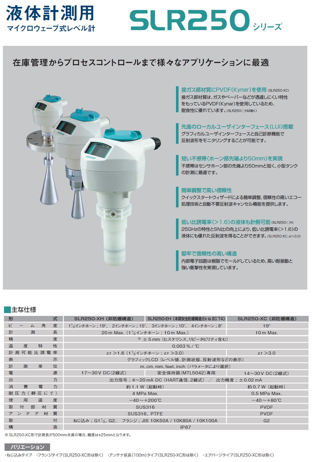 液体計測用SLR250　マイクロウェーブ式レベル計　在庫管理からプロセスコントロールまで様々なアプリケーションに最適　SLR250-XH （非防爆構造）SLR250-EH（本質安全防爆構造:Ex ia ⅡC T4）SLR250-XC（非防爆構造）
