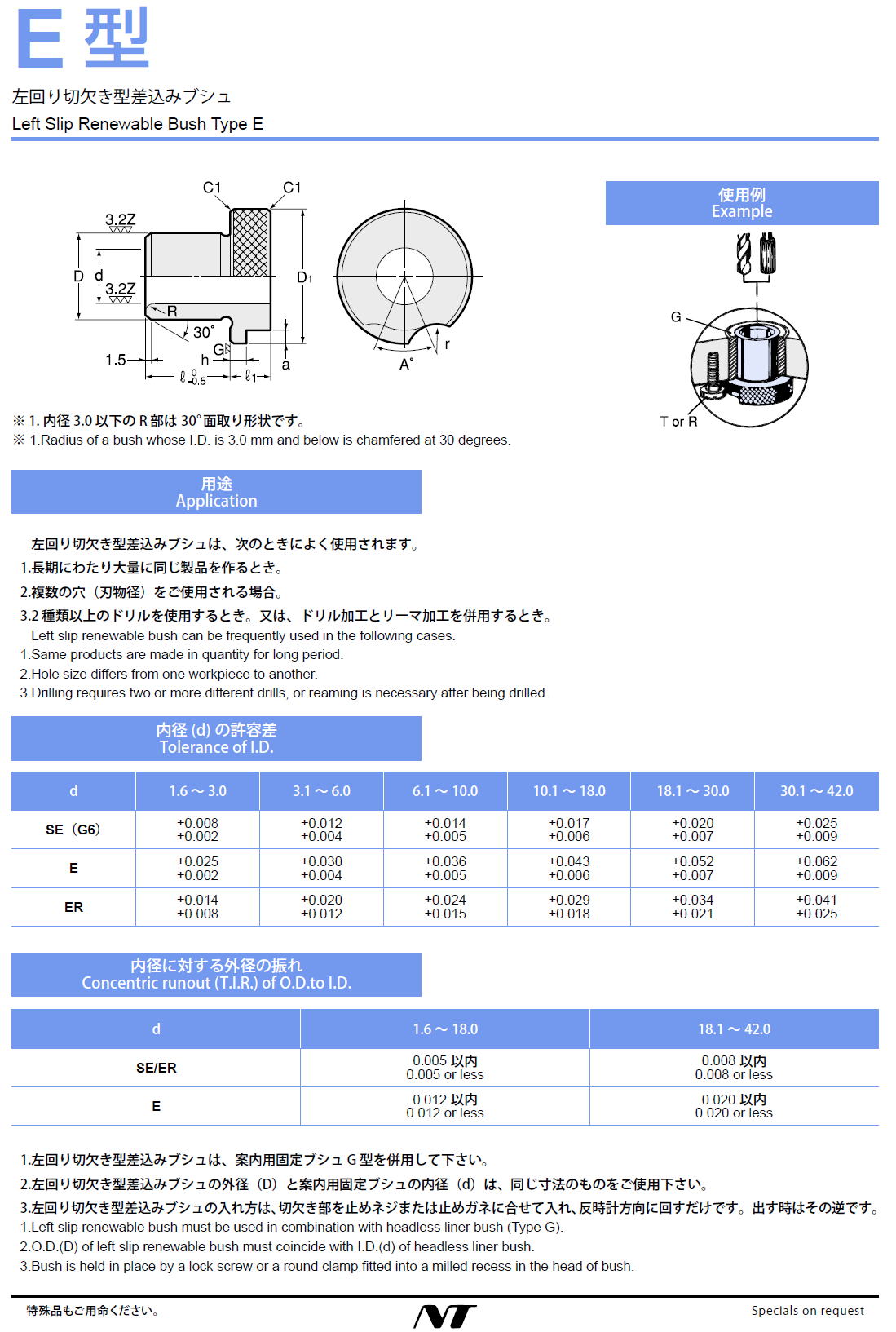 NTツール　E 型　左回り切欠き型差込みブシュ　Left Slip Renewable Bush Type E 1