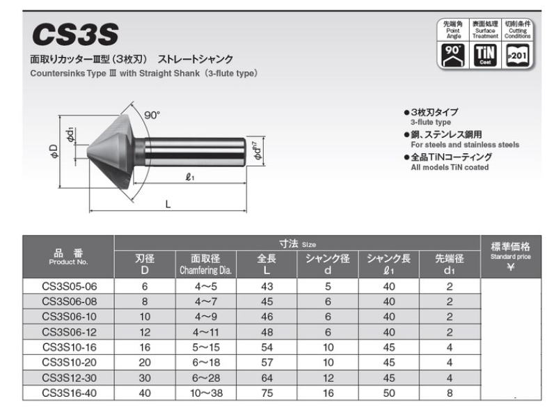 岡崎精工　面取りカッター CS2S　Ⅱ型（1枚刃）　ストレートシャンク　1枚刃・鋼・ステンレス鋼用 CS2T　Ⅱ型（1枚刃）　テーパーシャンク　1枚刃・鋼・ステンレス鋼用　CS3S　Ⅲ型（3枚刃）ストレートシャンク　3枚刃・鋼・ステンレス鋼用