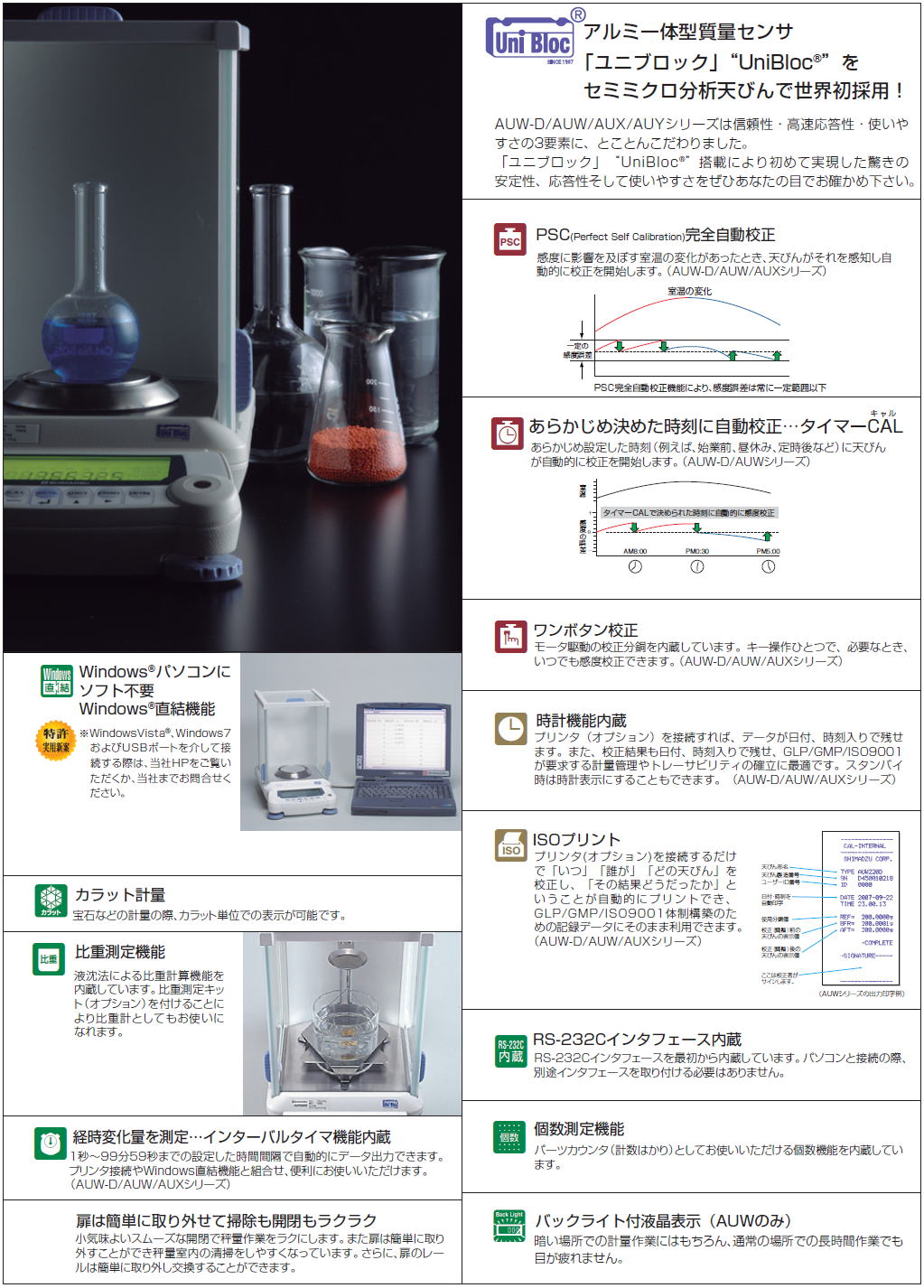 アルミ一体型質量センサ　PSC タイマーCAL　ワンボタン校正　時計機能　ISOプリント　RS-232Cインターフェイス内臓　個数測定機能　カラット計量　他