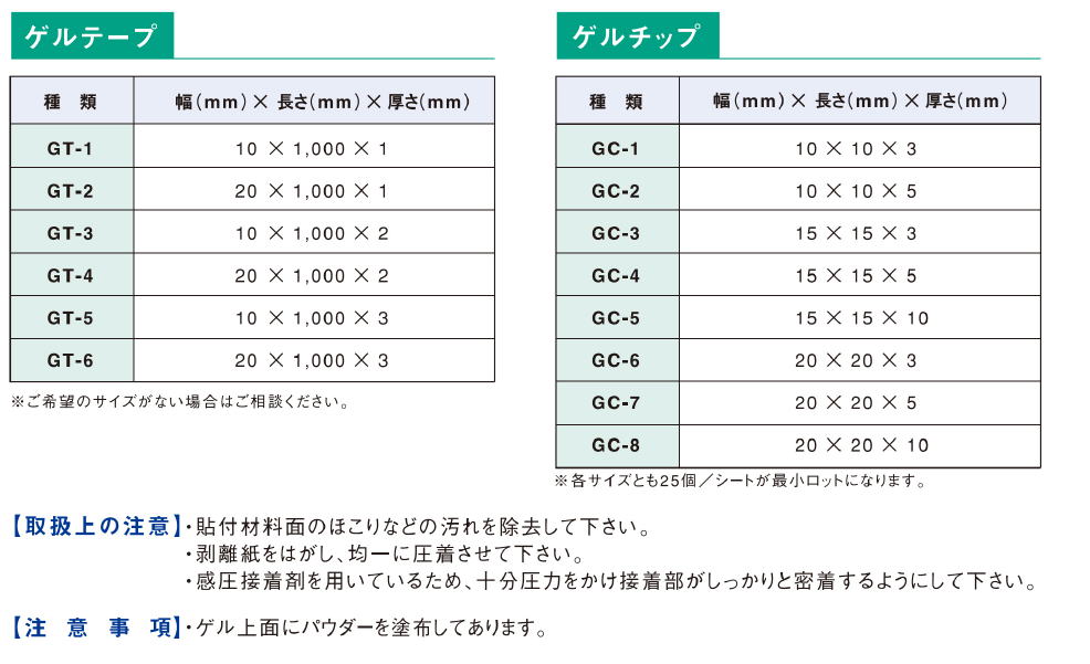 ゲルテープ GT-1 GT-2 GT-3 GT-4 GT-5 GT-6　ゲルチップ GC-1 GC-2 GC-3 GC-4 GC-5 GC-6 GC-7 GC-8