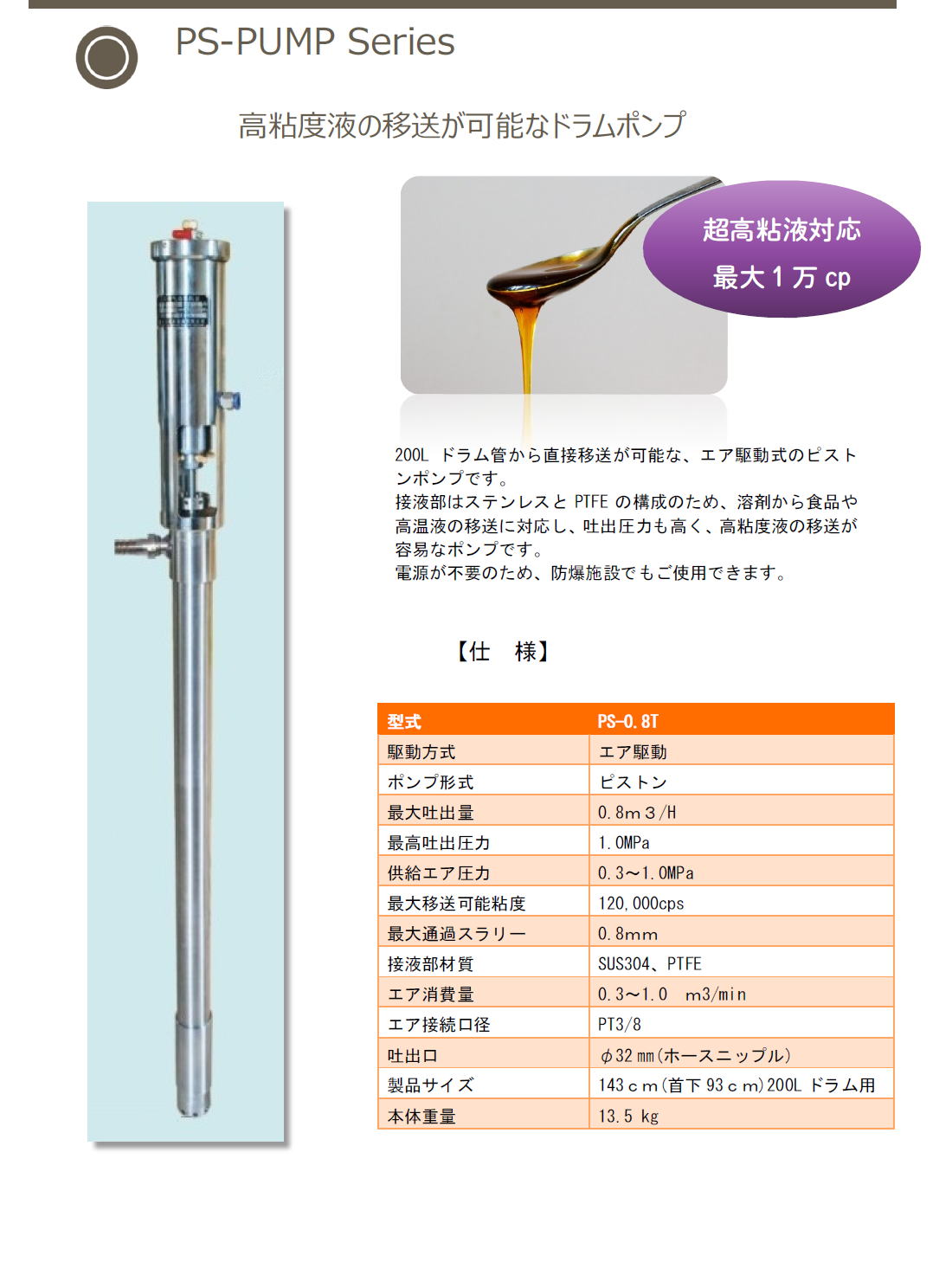 PS-PUMP Series ⾼粘度液の移送が可能なドラムポンプ