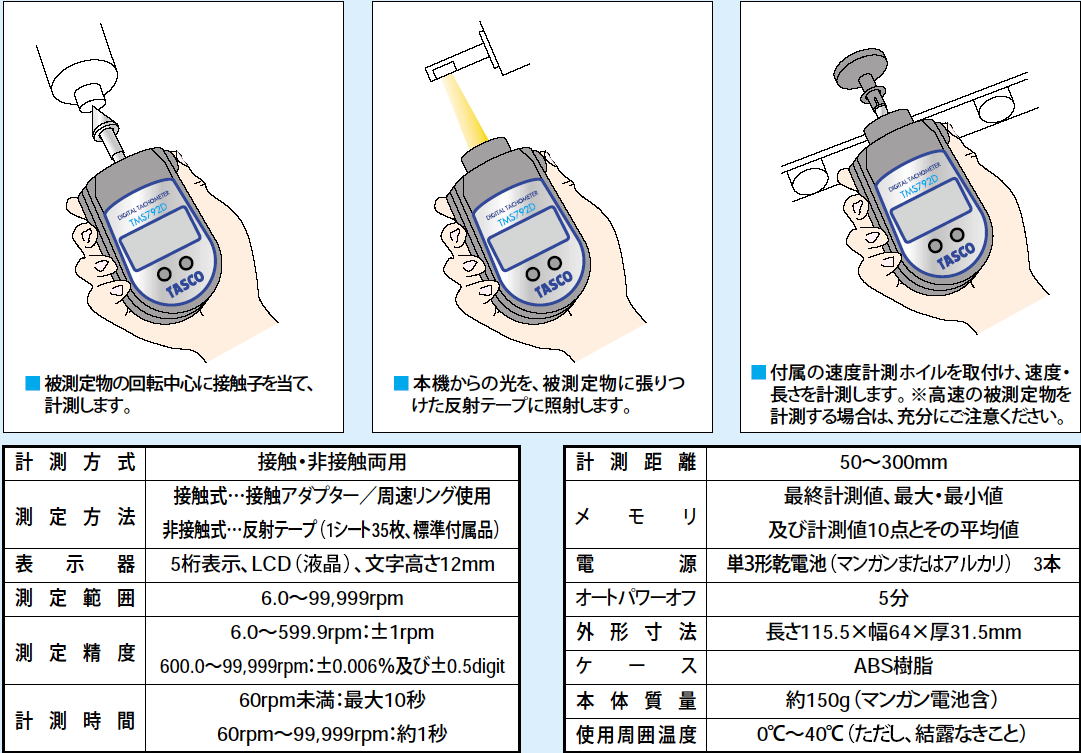 テープ イチネンTASCO (タスコ):デジタル回転計 (共用タイプ) TA479C 環境計測器 デジタル回転計(接触非接触両用型