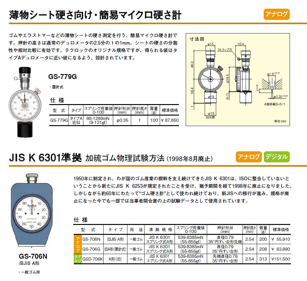 テクロック　デュロメータ/IRHD硬さ計　Durometers IRHD Hardness Tester　薄物シート硬さ向け・簡易マイクロ硬さ計 / JIS