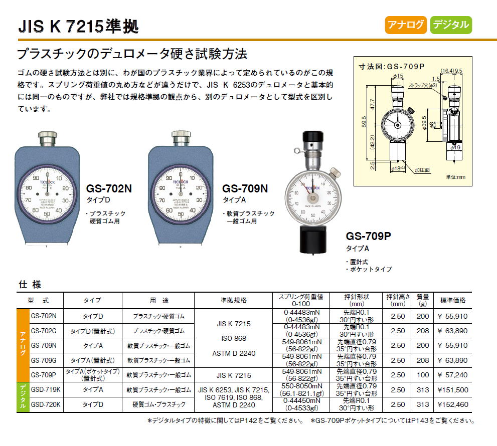 テクロック　JIS K 7215準拠　プラスチックのデュロメータ硬さ試験方法　GS-702N　/　GS-709N　/　GS-709P　他