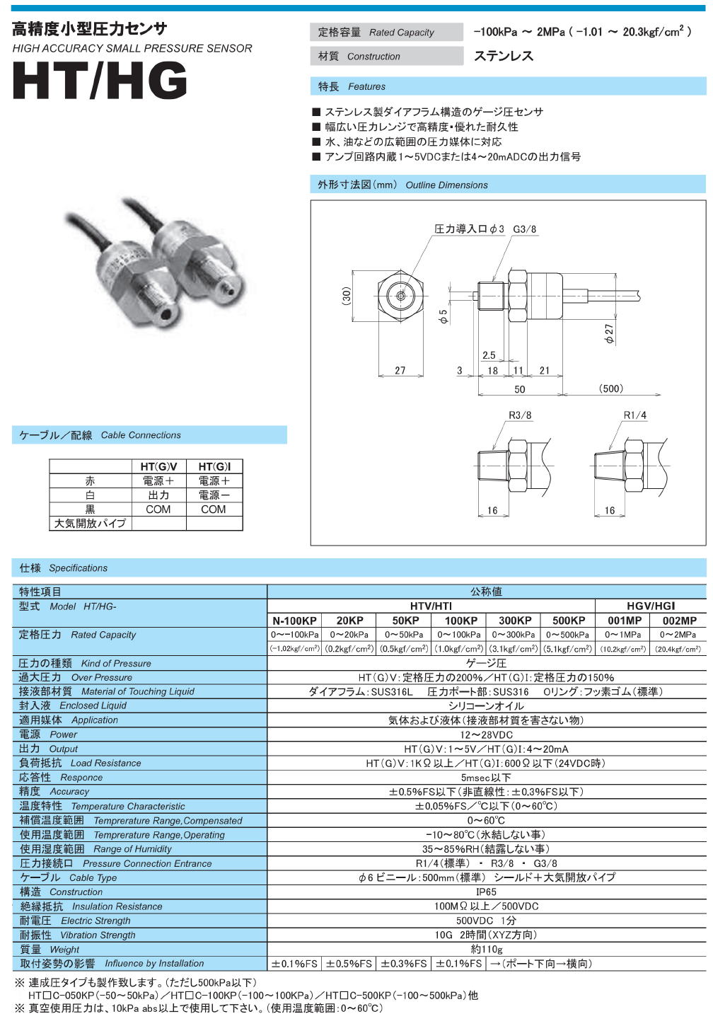 東洋測器 高精度小型圧カセンサ HT / HG