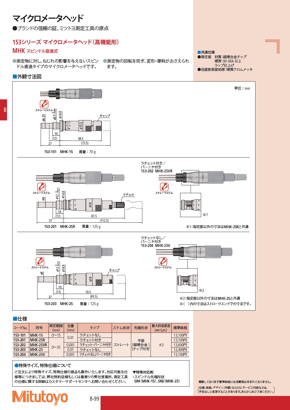 売り切り御免！】 ミツトヨ Mitutoyo MHK-25 153-203 マイクロメータヘッド 高機能形 スピンドル直進式 ストレートステム  先端平面 超硬合金チップ付 ラチェットなし 測定範囲