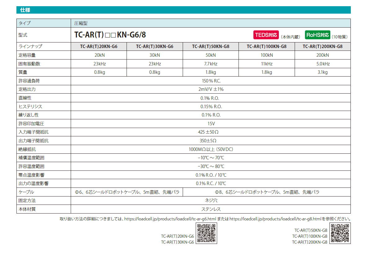 TEAC　ティアック　圧縮型ロードセル　TC-AR(T)□□KN-G6/G8